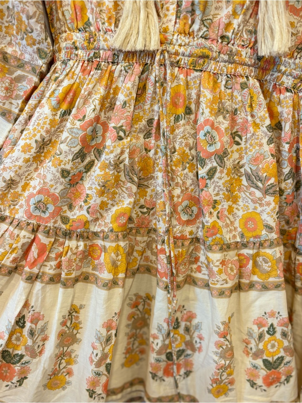 ELAN Monterey Print Tie Neck Long Sleeve Mini Dress Floral Boho Cream Yellow S - Picture 4 of 8